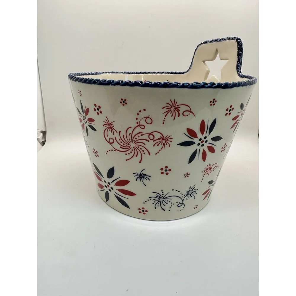 Temp-Tations 2 qt Mixing Bowl FIREWORK Patriotic Red White Blue July 4th Ceramic